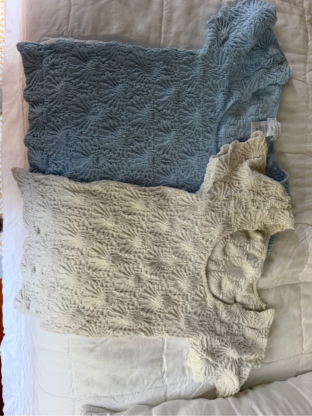 Textured Short-Sleeve Tops (set of 2) — Cream and Light Blue